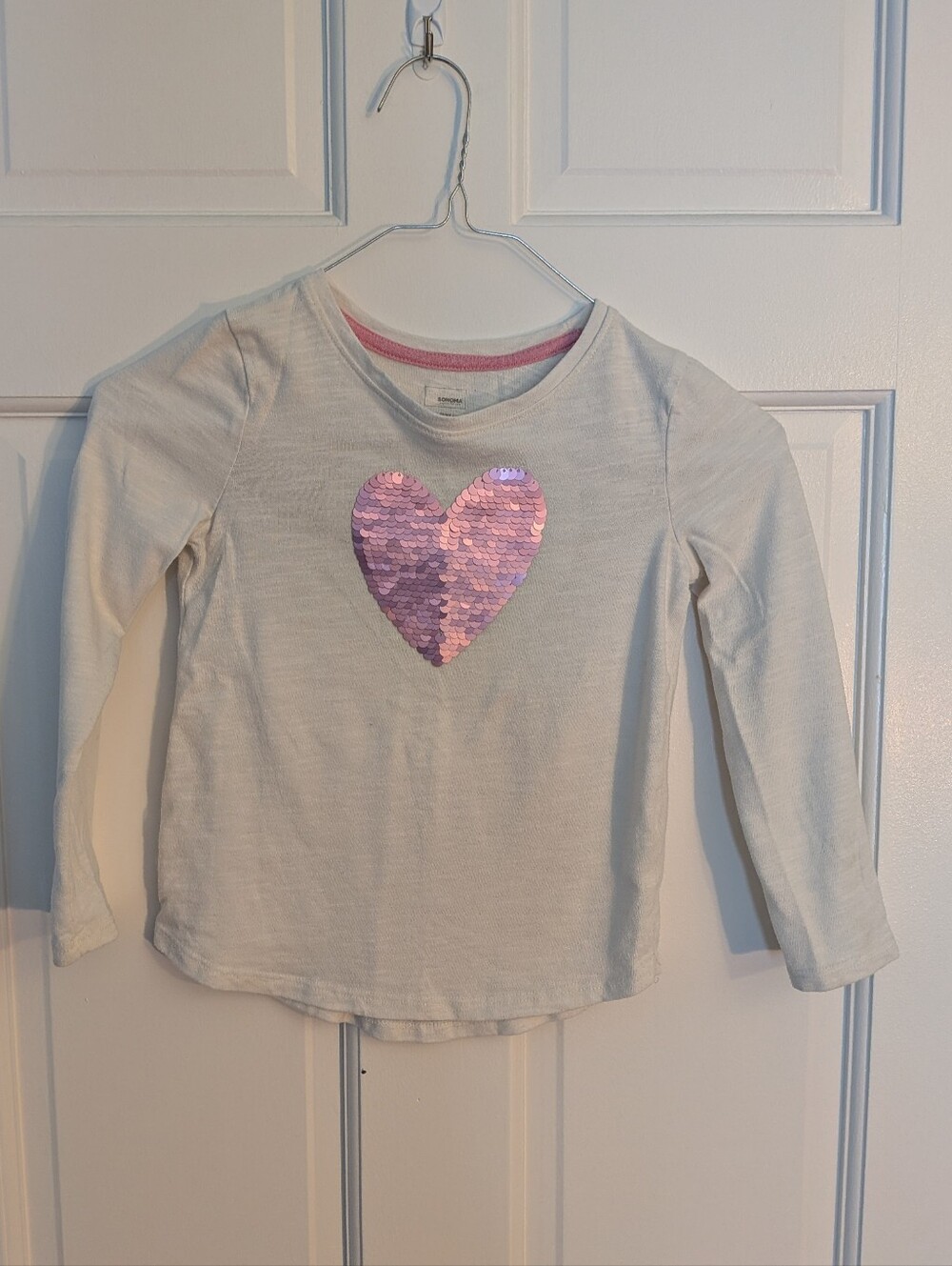 Sonoma Girls white long sleeve shirt with pink flip sequin heart, size 5